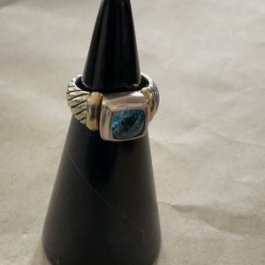 Authentic David Yurman Noblesse blue topaz silver and 14 kt gold ring